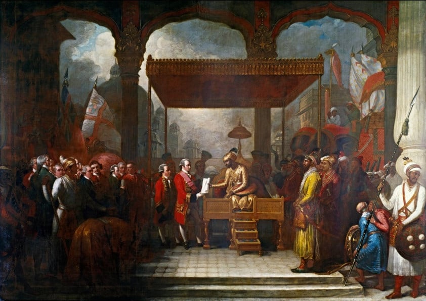 Shah 'Alam conveying the grant of the Diwani (tax rights from poeple under Mughal rule) to Lord Clive in 1761