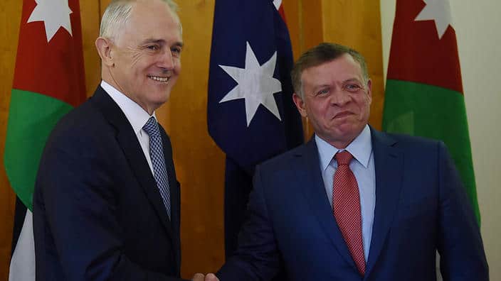 Jordanian King Abdullah ll (right) shakes hands with Australian Prime Minister Malcolm Turnbull ahead of a bilateral meeting at Parliament House in Canberra, Thursday, Nov. 24, 2016. 