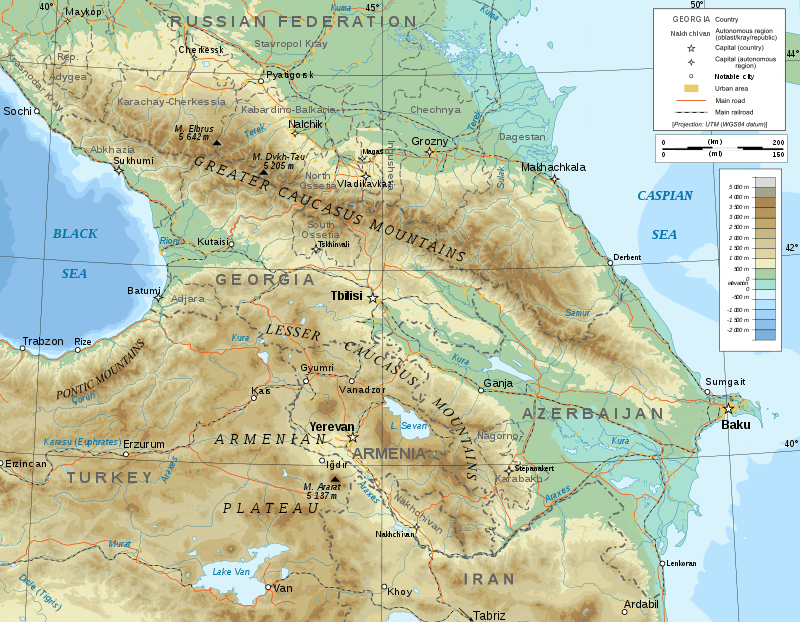 Topographic map of the Caucasus in English 